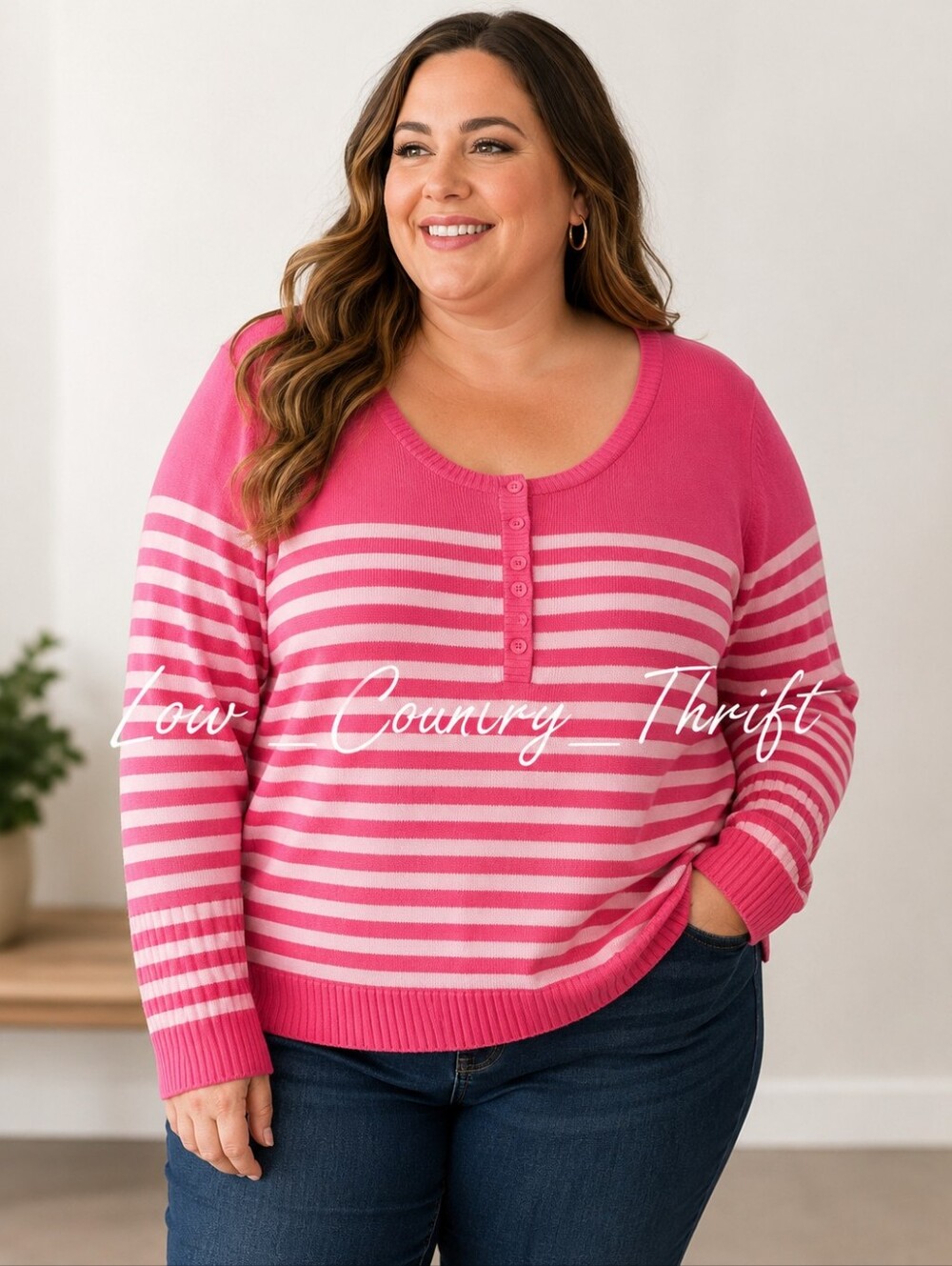 Lane Bryant Pink Striped Scoop Neck Button Sweater Plus Size 22/24